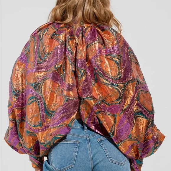 Colorful Brocade Long Sleeve Puff Blouse ✨ - Picture 4 of 7